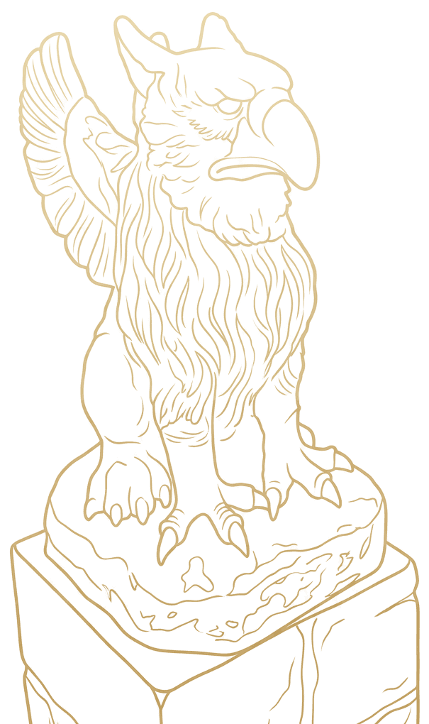 Golden line engraving of Godwin, the griffin statue who guards Witches Brew Coffee Co. in Mid-City New Orleans