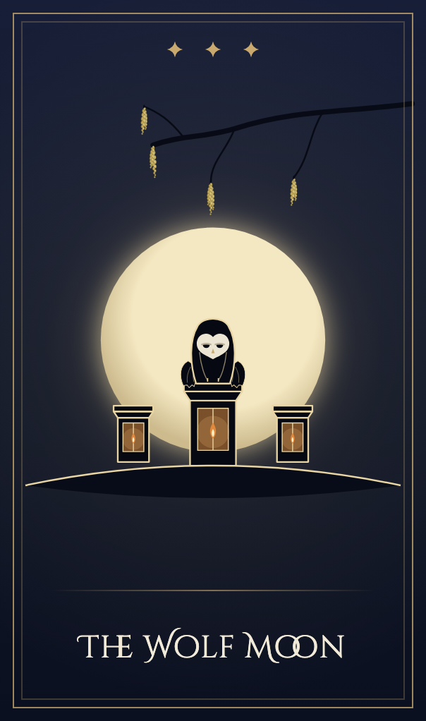 The Wolf Moon card: a full moon behind three carriage lanterns, a barn owl on the middle one, catkins on the branch above