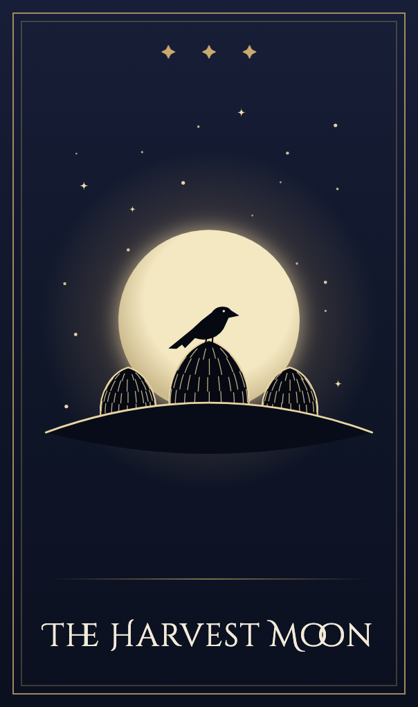 The Harvest Moon card: a full moon rising over three haystacks, a crow on the tallest