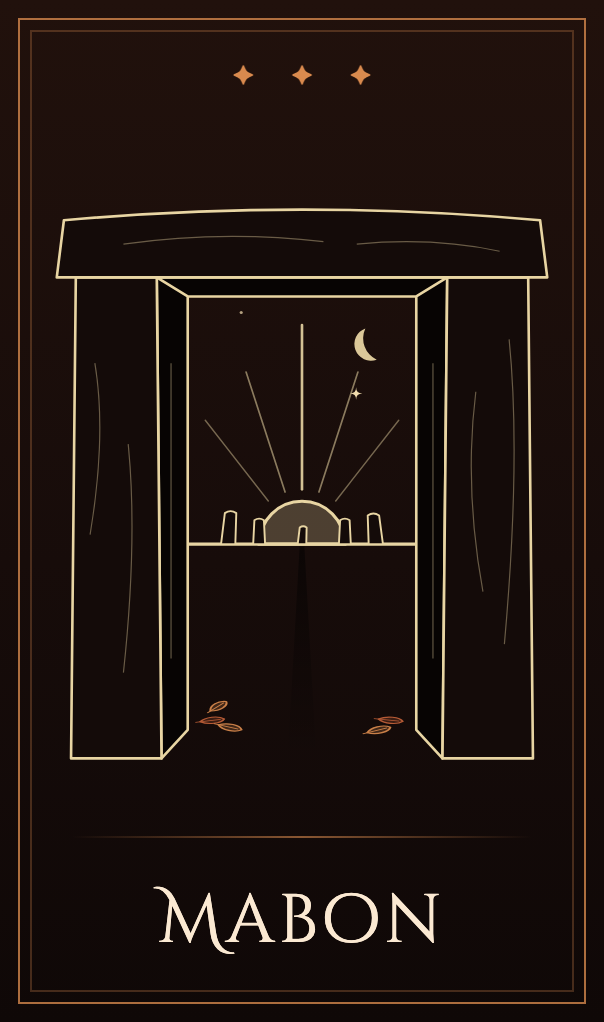 The Mabon card: the equinox sun seen through a gate of standing stones