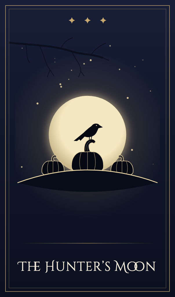 The Hunter’s Moon card: a full moon over three pumpkins, a crow on the tallest stem, a bare branch