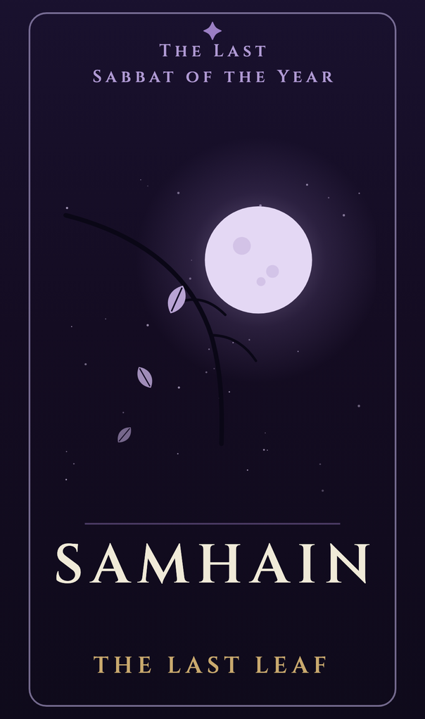 The Samhain card, The Last Leaf: a pale violet moon, a bare branch letting go of its last leaves