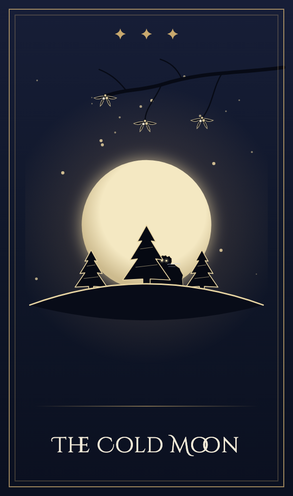 The Cold Moon card: a full moon behind three firs and a mistletoe branch, a yeti peeking out from behind the tallest fir