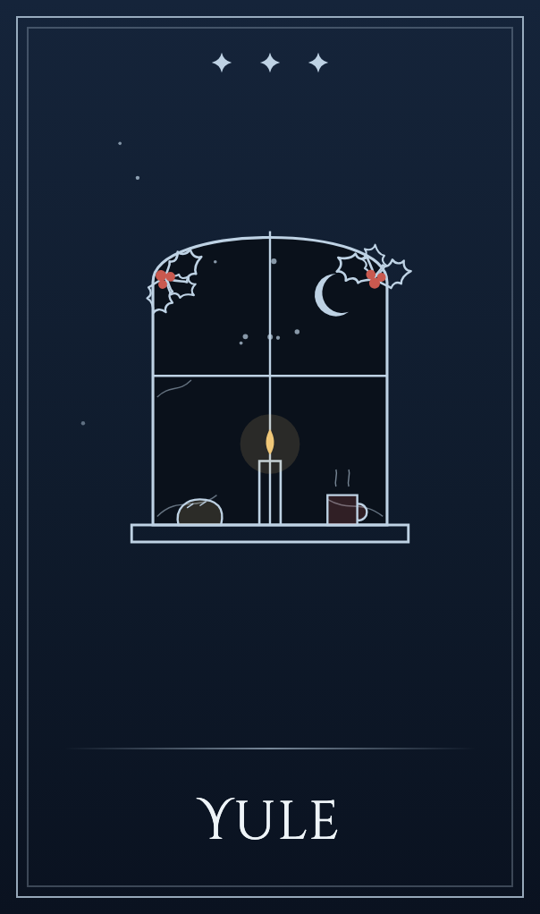 The Yule card, The Vigil: a candle in a frosted window, bread and a cup on the sill, holly on the frame