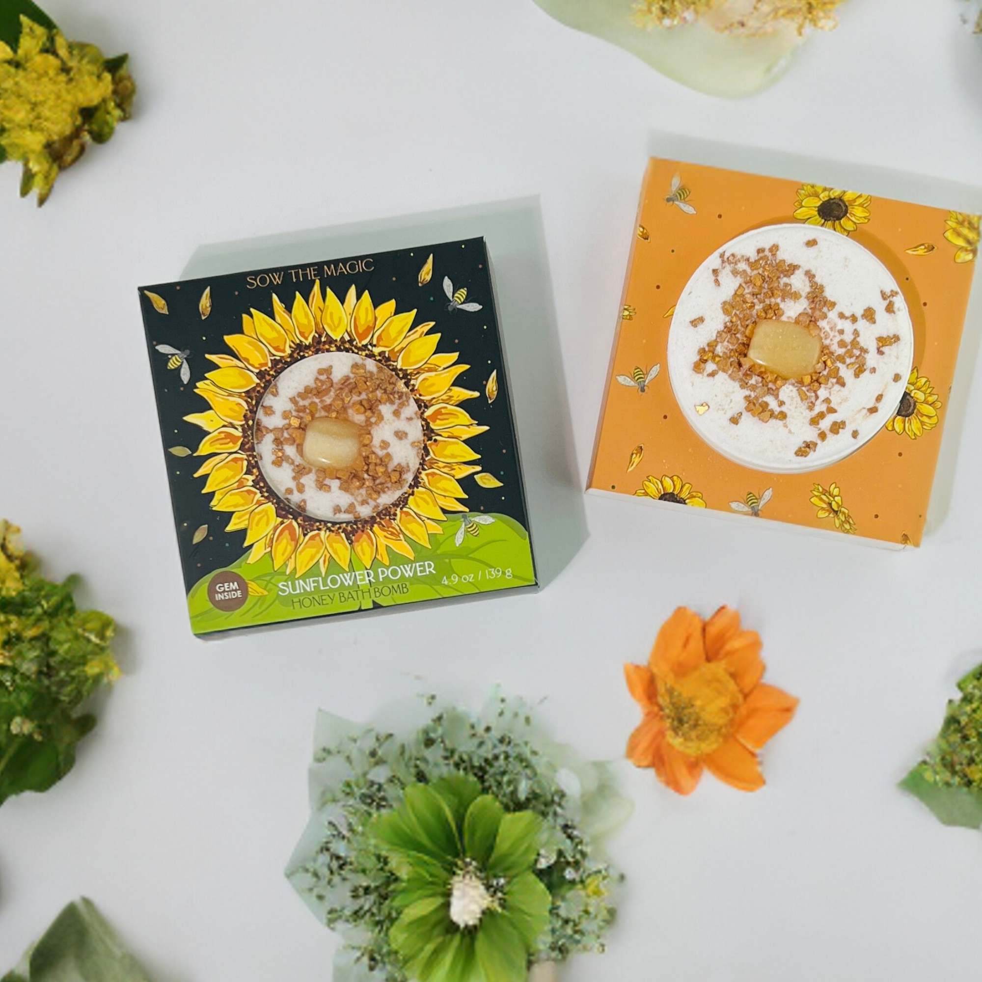 🌻 Sunflower Power Honey Bath Bomb with Amber Gemstone – Soothing Epsom Salt Ritual