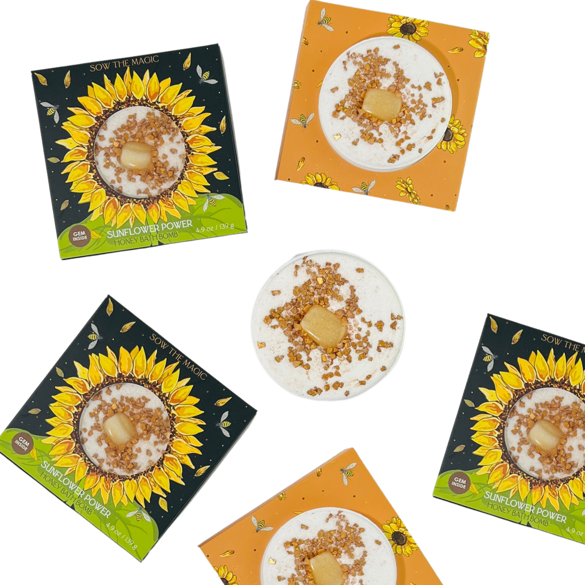 🌻 Sunflower Power Honey Bath Bomb with Amber Gemstone – Soothing Epsom Salt Ritual