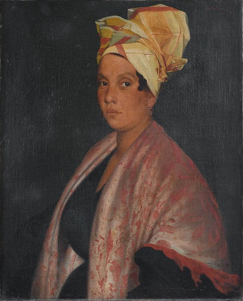 Nineteenth-century portrait of a Creole woman in a madras tignon, traditionally identified as Marie Laveau