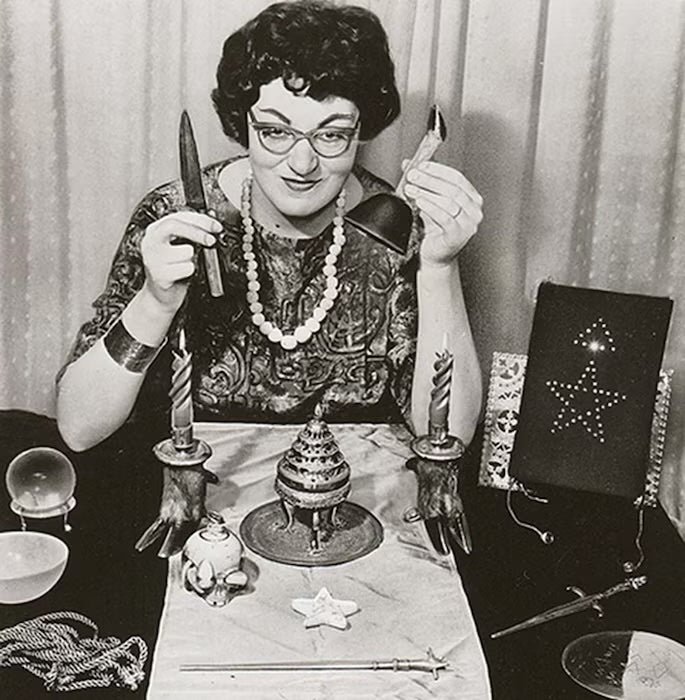 Doreen Valiente seated at her altar, 1962