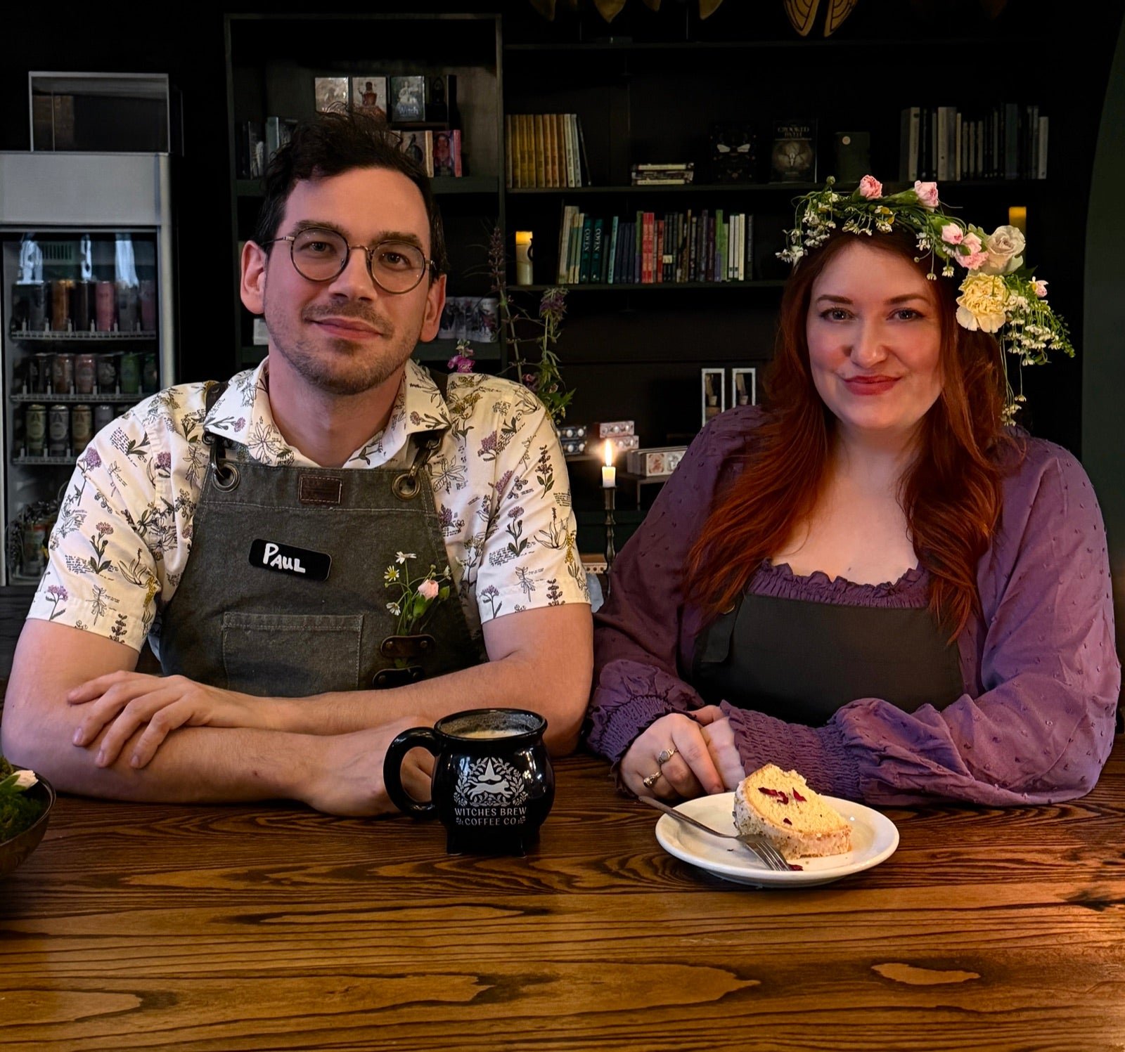Paul DeSana and Deanna Holdcraft, owners of Witches Brew Coffee Co., seated at the counter of their Mid-City New Orleans coffee shop